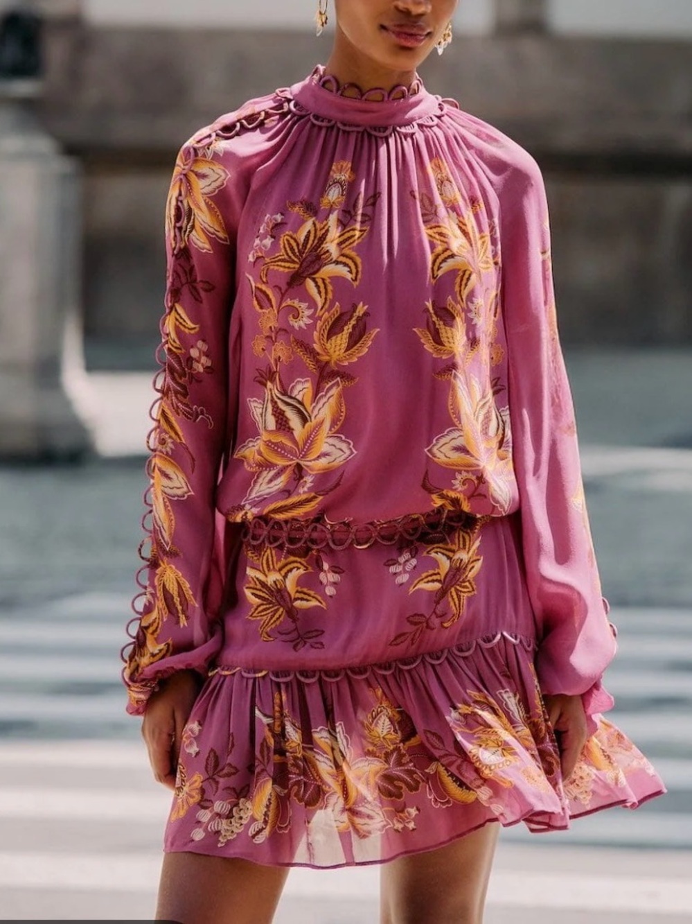 FARM Rio Mauve Pink Floral High-Neck Mini Dress